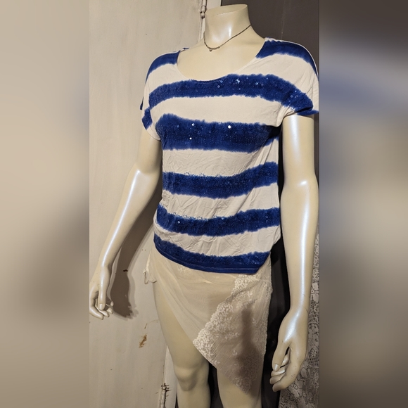 Stretchy Coldwater creek sequin nautical striped blue top small summer club - Picture 3 of 7